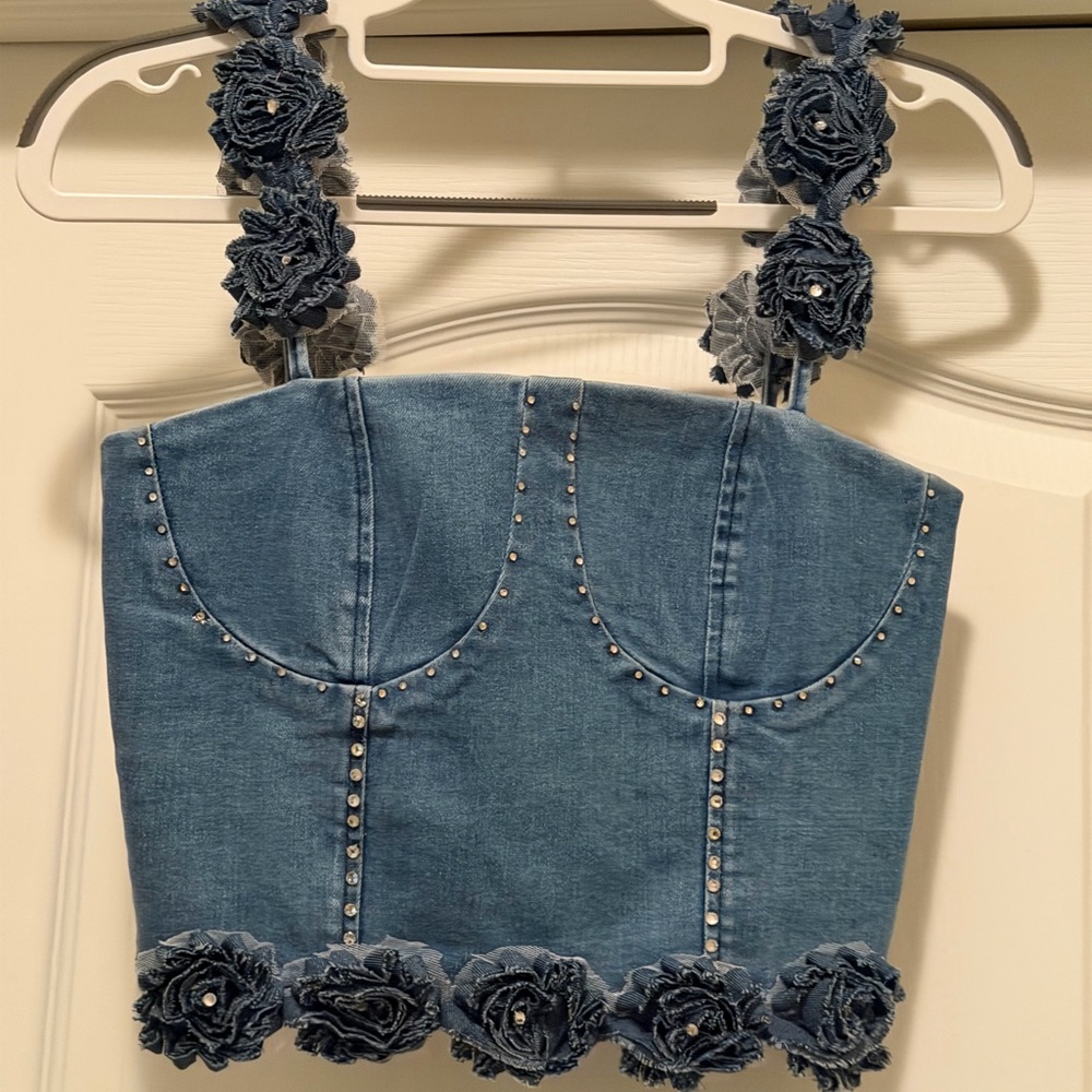 Denim Floral Embellished Crop Top
